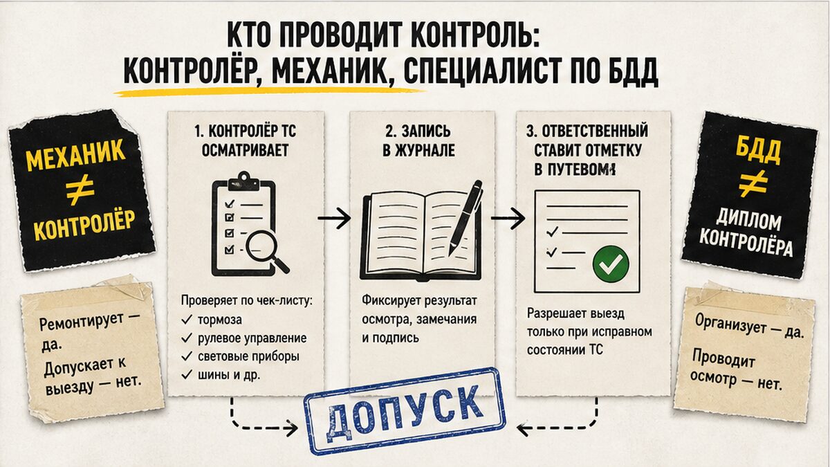 Схема ролей: контролёр осматривает, ответственный ставит отметку в путевом — механик не равен контролёру