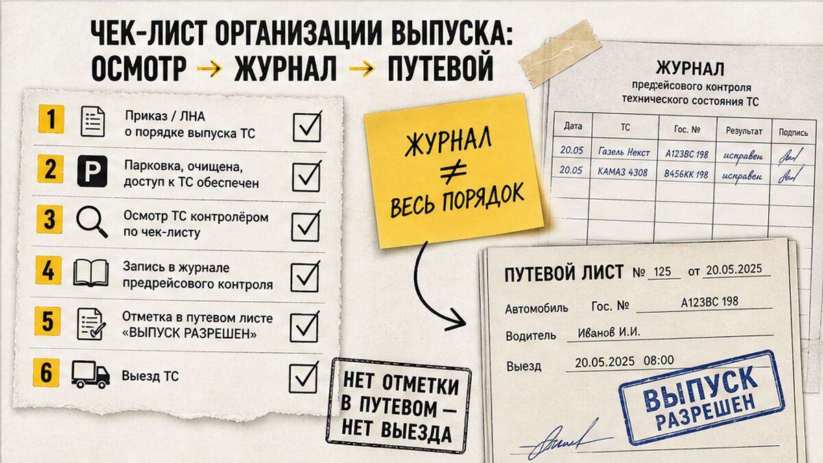 Чек-лист организации выпуска: осмотр → журнал → отметка в путевом листе