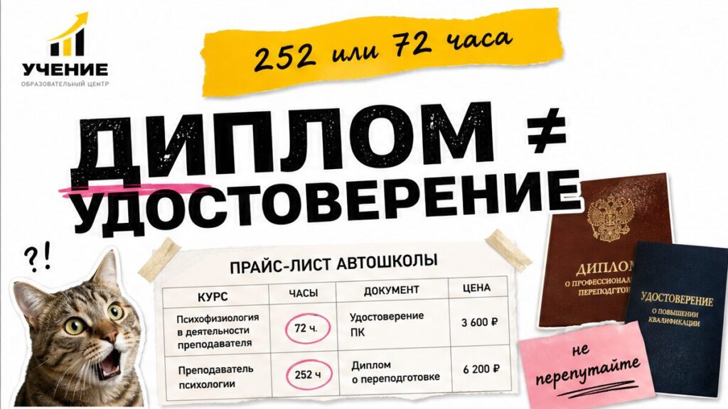 Обложка УЧЕНИЕ: 252 или 72 часа преподавателю психологии в автошколе — диплом или удостоверение