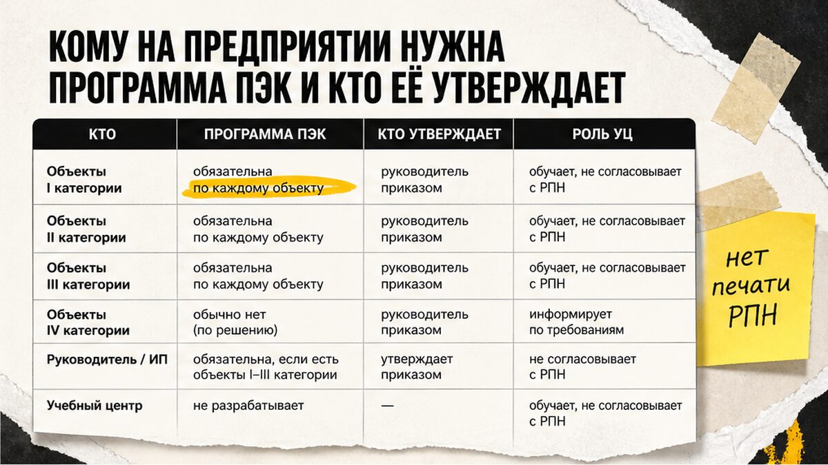 Таблица: кому нужна программа ПЭК и кто её утверждает на предприятии