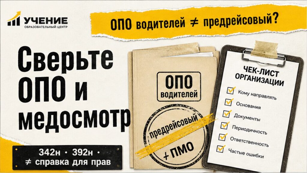 Обложка УЧЕНИЕ: папка «ОПО водителей» и клипборд чек-листа рядом с перечёркнутым штампом «предрейсовый» — не путать процедуры