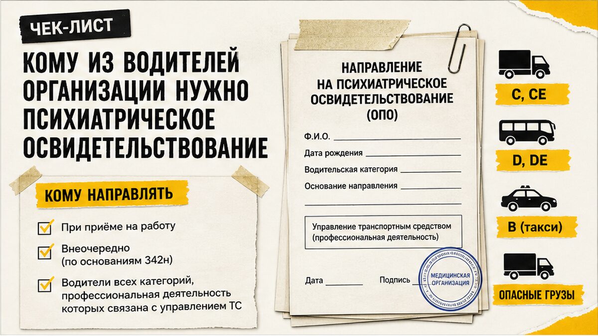 Чек-лист: кому из водителей организации нужно психиатрическое освидетельствование при приёме и внеочередно