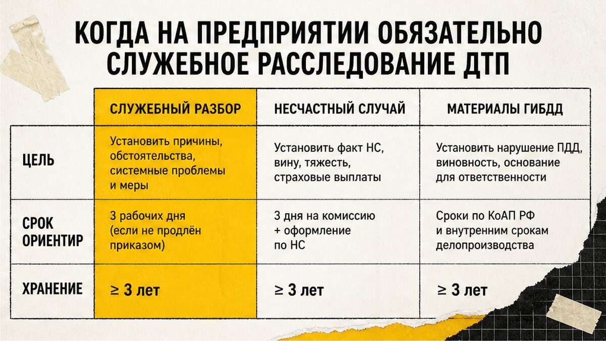 Таблица: служебное расследование ДТП vs несчастный случай vs материалы ГИБДД