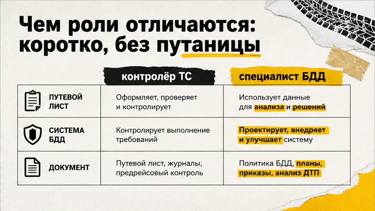 Таблица отличий ролей: контролёр ТС и специалист по БДД — функции и документы