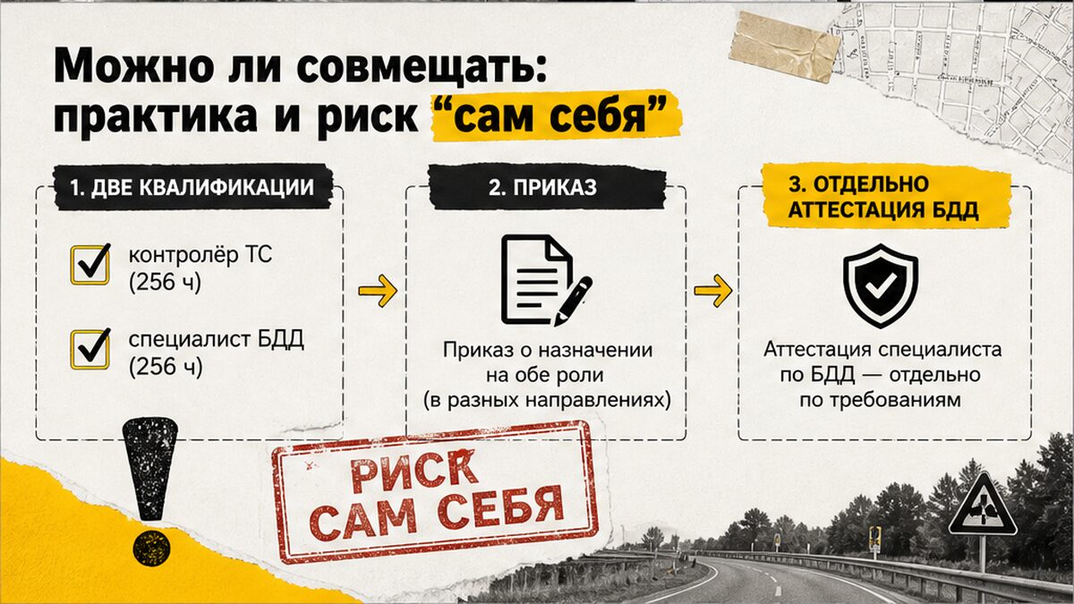 Схема: можно ли совмещать контролёра ТС и специалиста БДД — практика и риск самопроверки