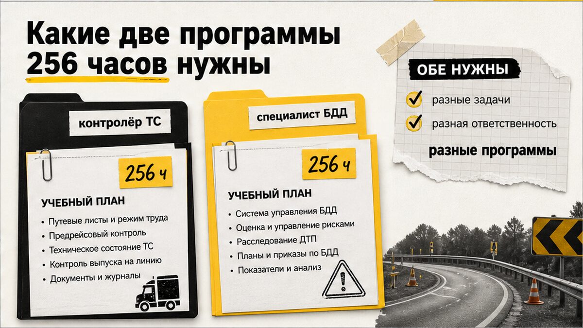 Инфографика: две программы 256 часов для совмещения контролёра ТС и специалиста БДД