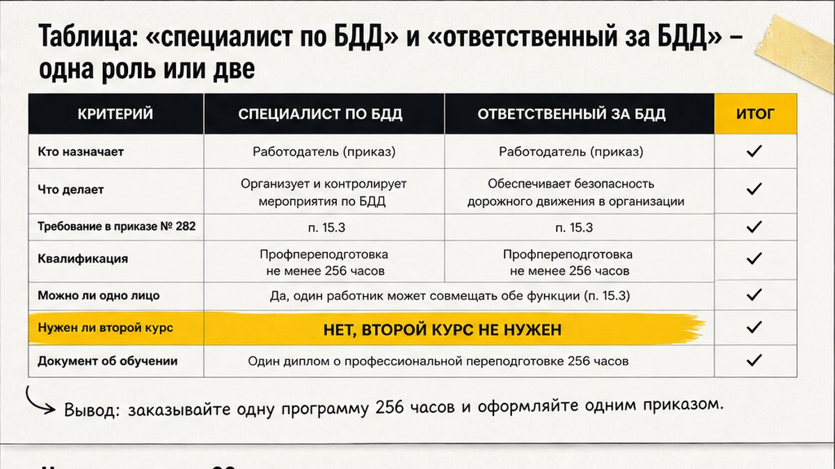 Сравнение формулировок: специалист по БДД и ответственный за обеспечение БДД в одной организации