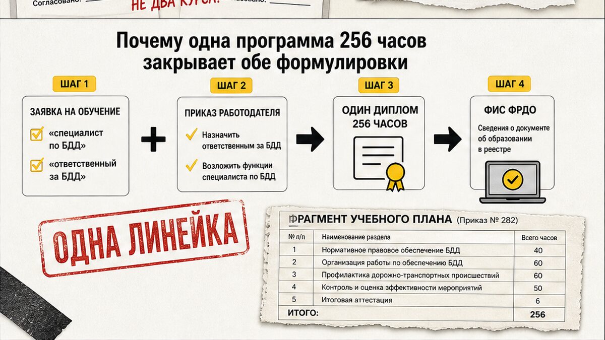 Схема: одна переподготовка 256 часов для специалиста и ответственного за БДД
