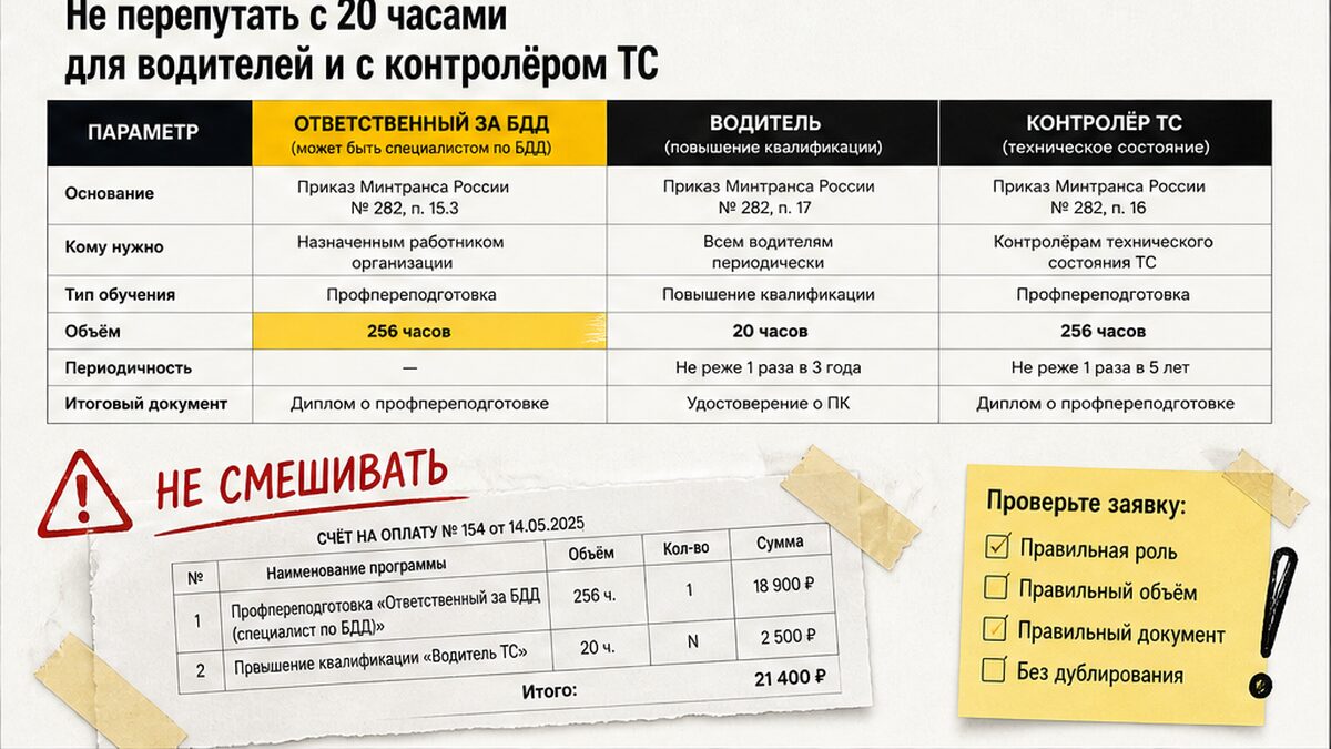 Таблица ролей: ответственный за БДД 256 ч, водитель 20 ч, контролёр ТС 256 ч