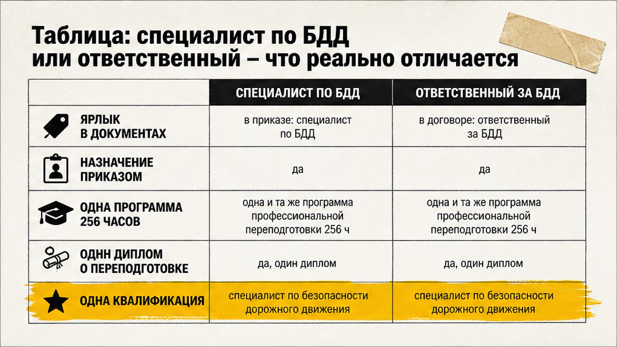 Таблица: специалист по БДД и ответственный — разные ярлыки одной роли