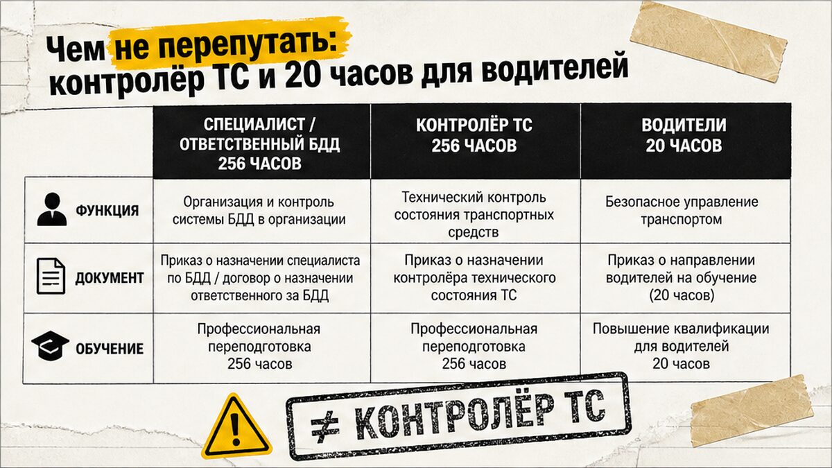 Сравнение: БДД 256 ч, контролёр ТС и 20 часов для водителей — разные программы