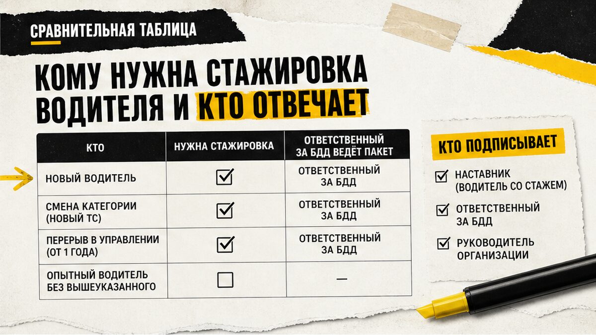 Таблица: кому нужна стажировка водителя и кто отвечает за оформление