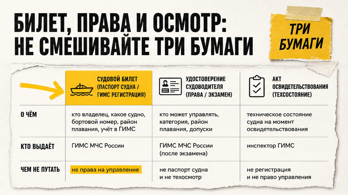 Сравнительная таблица: судовой билет, права судоводителя и акт осмотра — три разные бумаги ГИМС