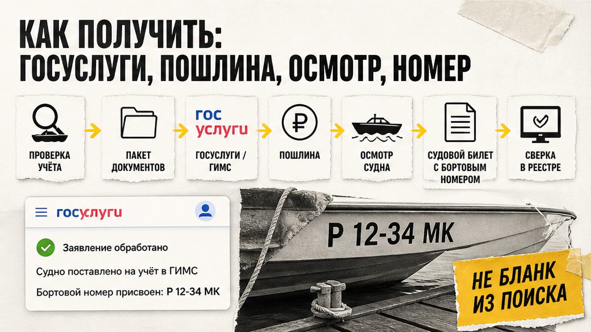 Схема получения судового билета: Госуслуги, осмотр ГИМС, бортовой номер и проверка в реестре