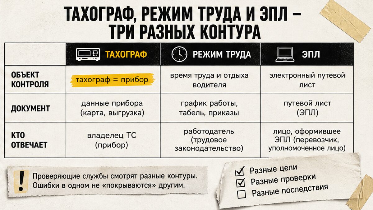 Таблица: тахограф, режим труда и ЭПЛ — три разных контура контроля