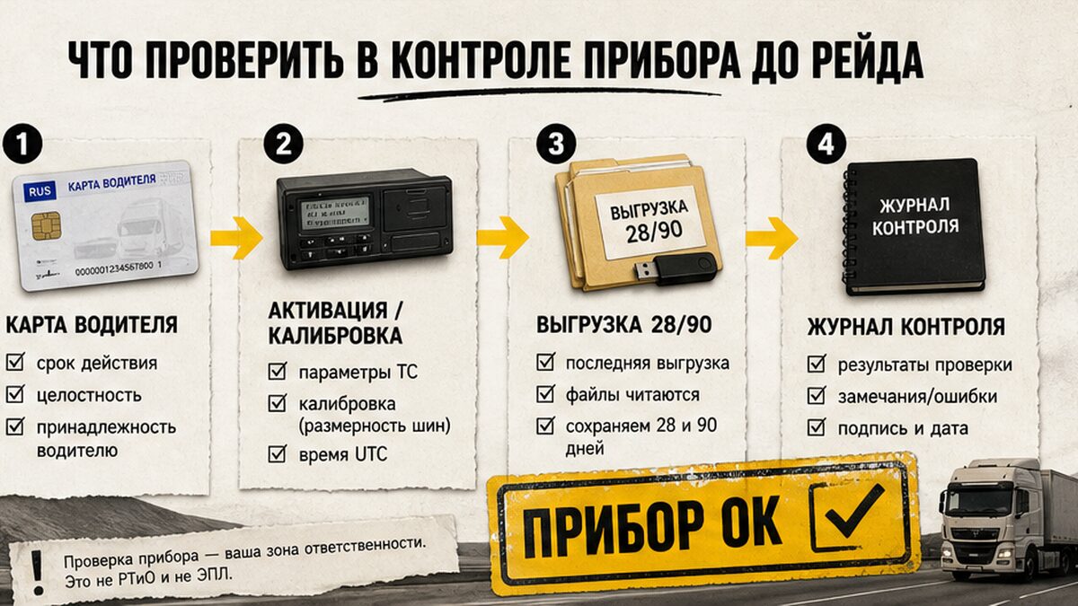 Схема контроля тахографа до рейда: карта, калибровка, выгрузка