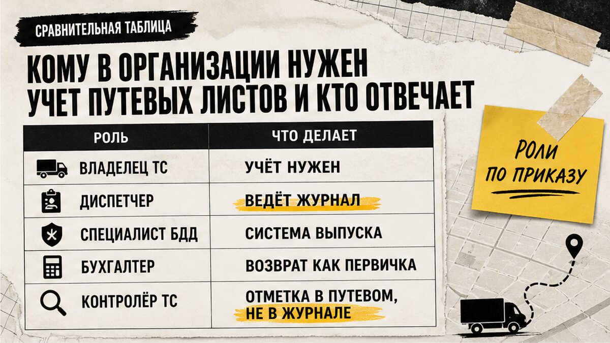 Таблица: кому нужен учет путевых листов и кто отвечает за журнал