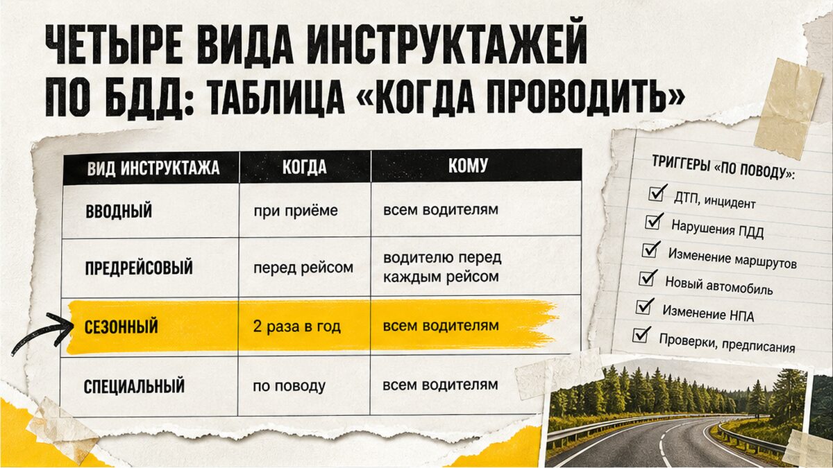 Таблица: четыре вида инструктажей по БДД и когда проводить