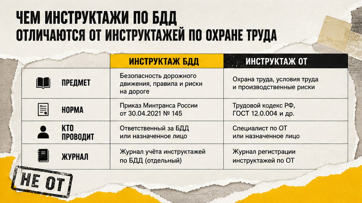 Сравнение: инструктажи по БДД и по охране труда — разные контуры