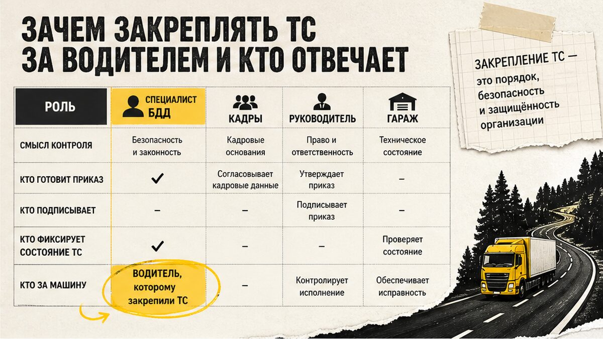 Таблица ролей при закреплении ТС: специалист БДД, кадры, руководитель, гараж