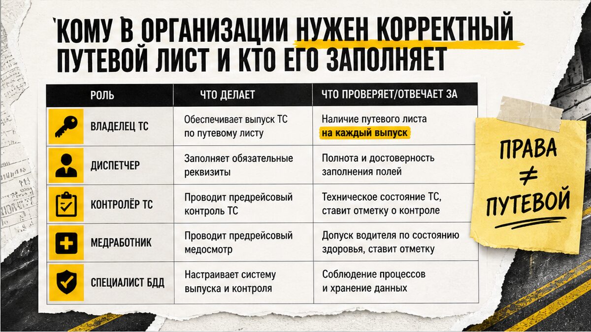 Таблица: кому нужен путевой лист и кто заполняет поля и отметки