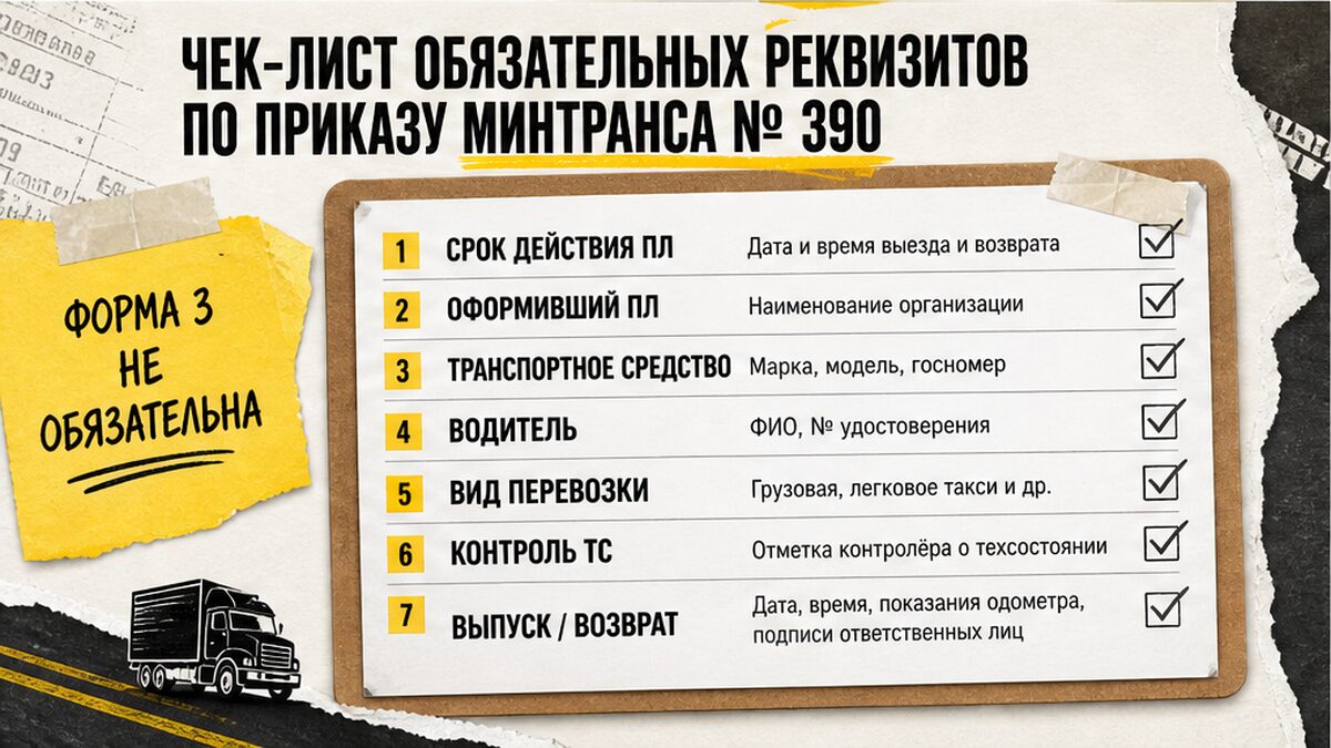 Чек-лист обязательных реквизитов путевого листа по приказу Минтранса № 390