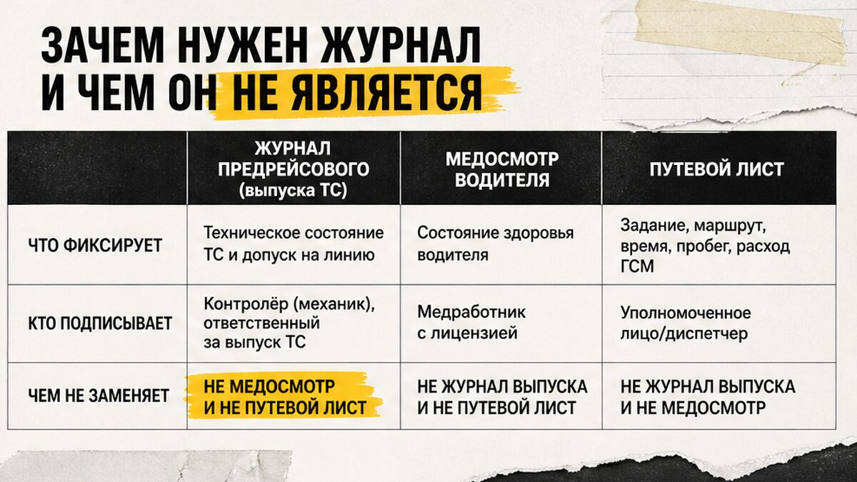 Таблица: журнал предрейсового контроля — не медосмотр и не замена путевого листа