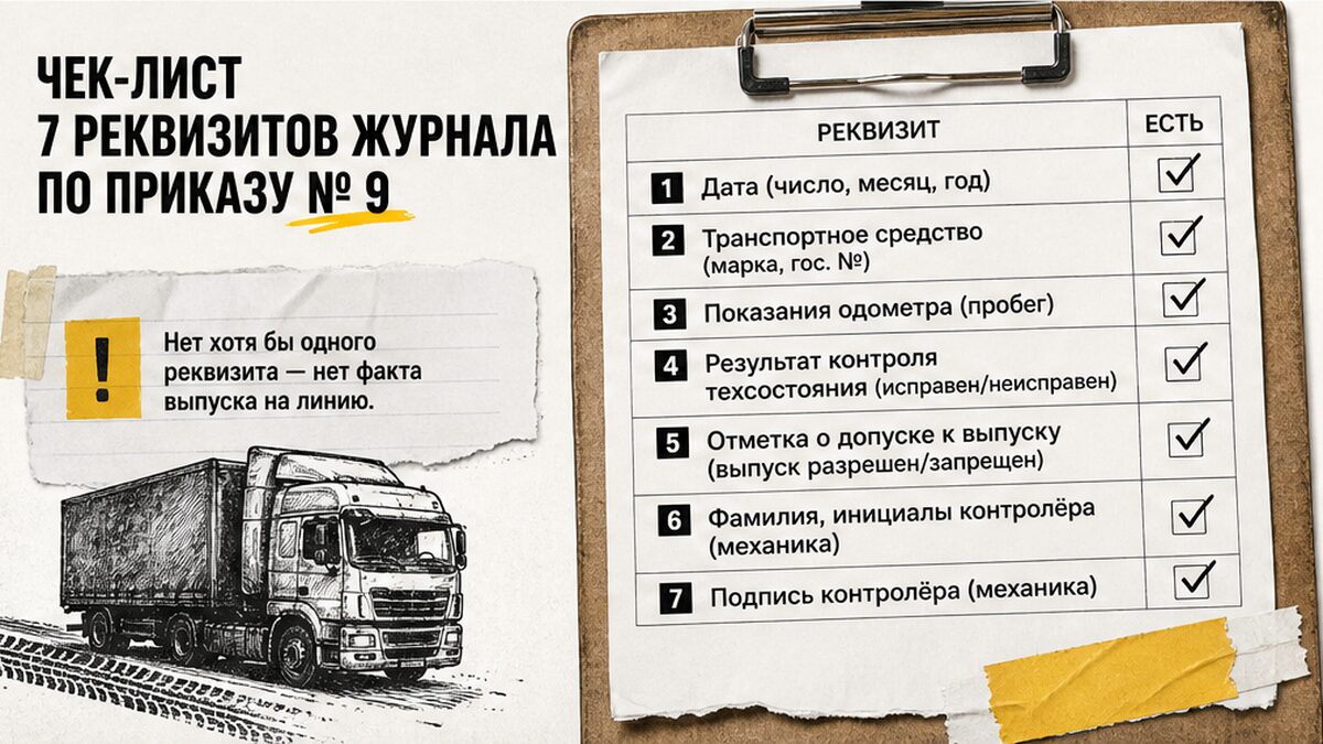 Чек-лист семи реквизитов журнала предрейсового контроля по Приказу № 9