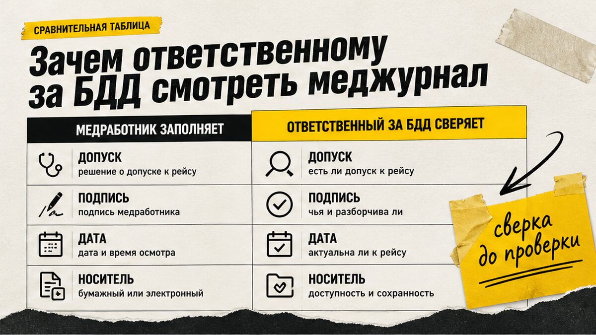 Таблица: медработник заполняет журнал медосмотра, ответственный за БДД сверяет допуск и подписи до проверки