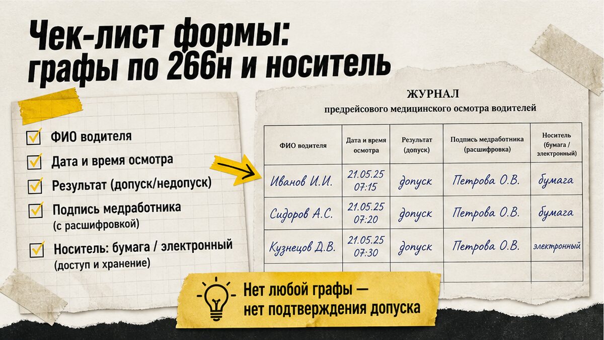 Чеклист обязательных граф журнала предрейсового медосмотра по приказу 266н и выбор носителя