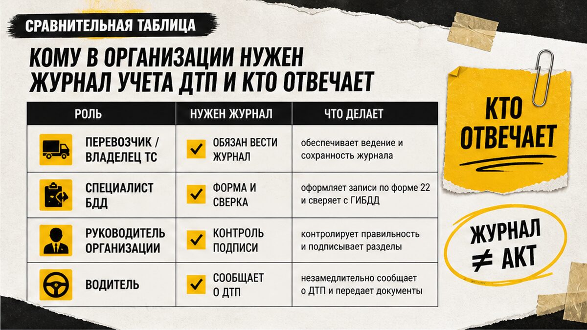 Таблица: кому нужен журнал учета ДТП и кто отвечает в организации