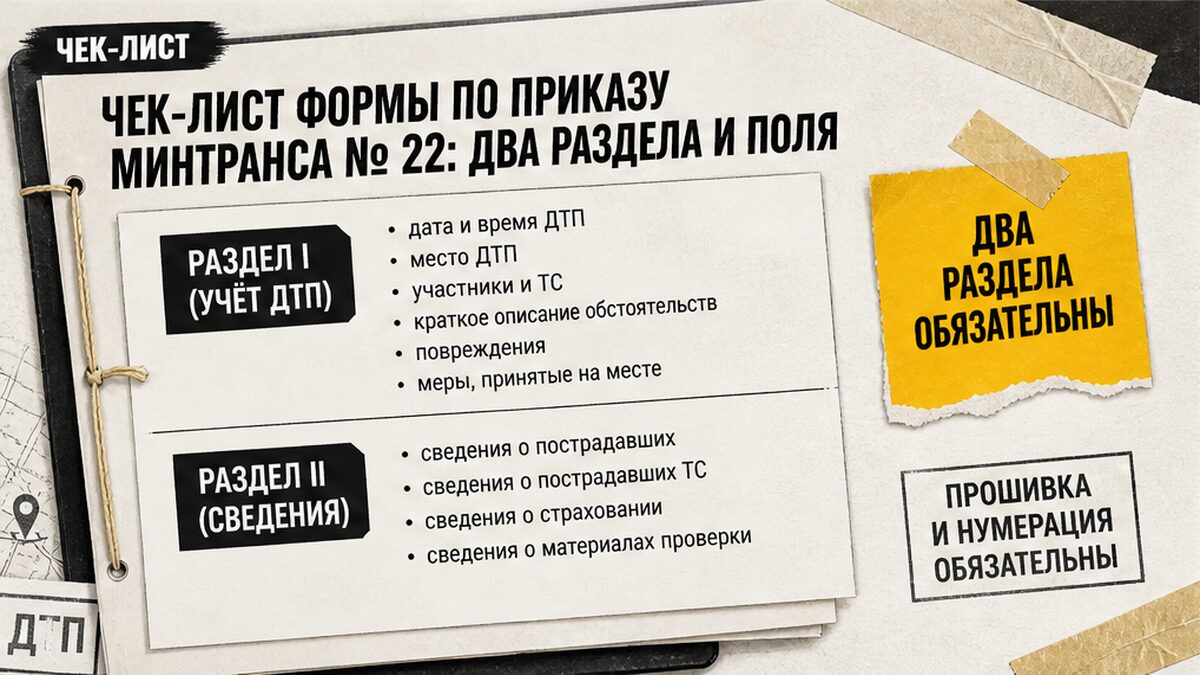 Чек-лист формы журнала учета ДТП по приказу Минтранса № 22: два раздела и поля