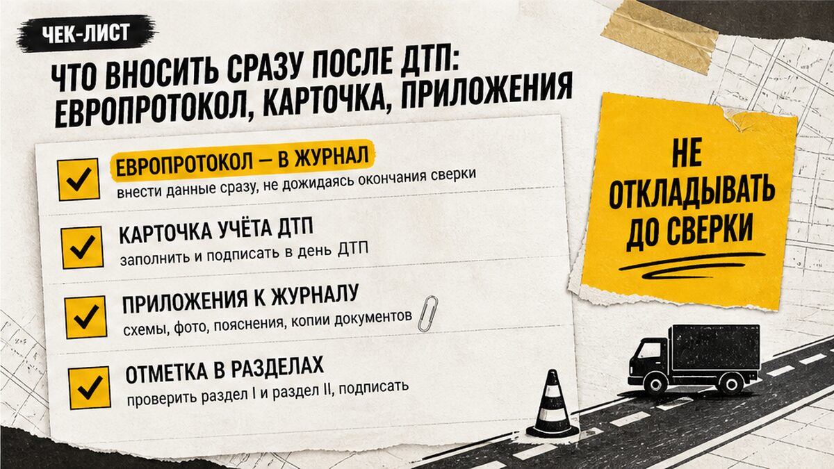 Чек-лист: что вносить сразу после ДТП — европротокол, карточка, приложения