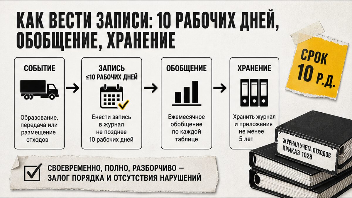 Схема ведения записей в журнале отходов: 10 рабочих дней, обобщение, хранение