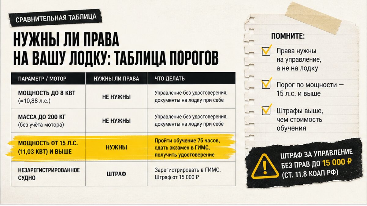 Таблица порогов мощности мотора и массы лодки — когда нужны права ГИМС