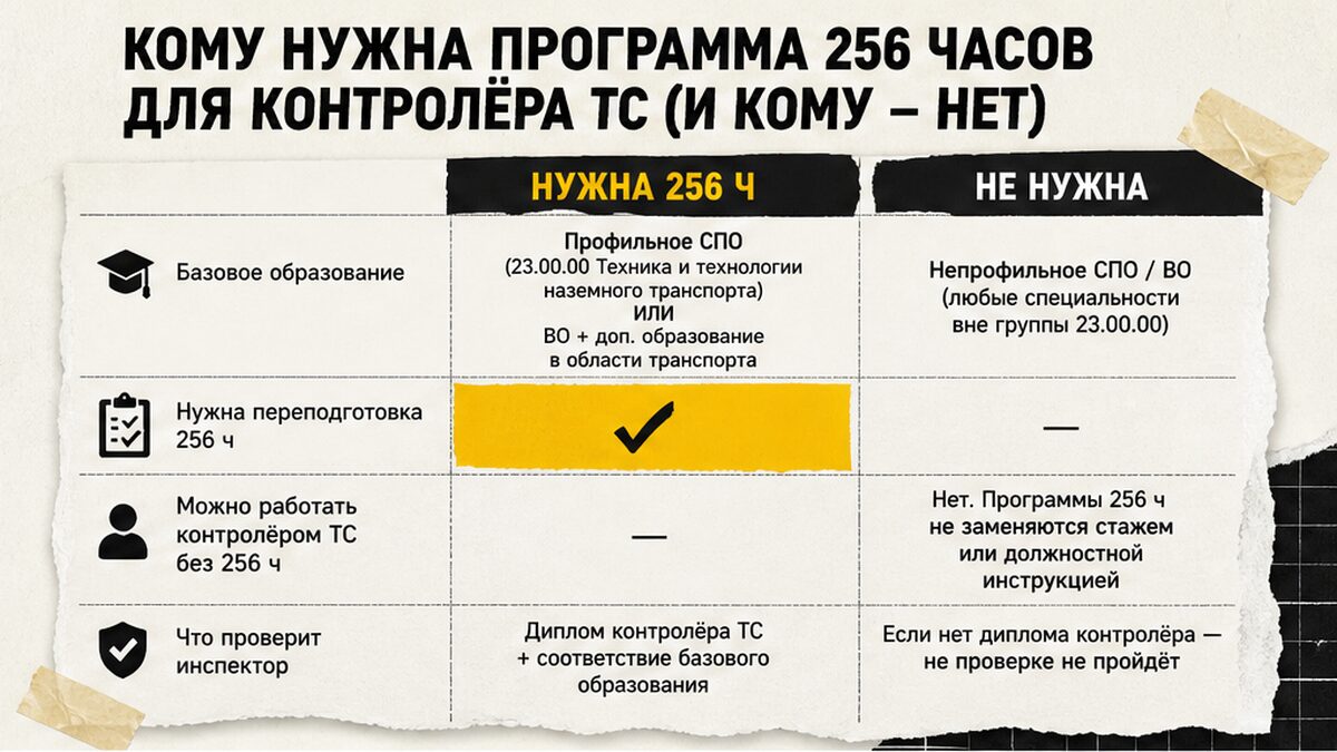 Таблица: кому нужна программа контролёра ТС 256 часов, а кому достаточно приказа о назначении