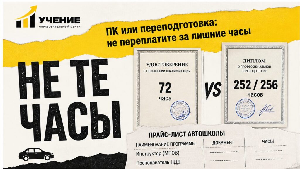 Обложка УЧЕНИЕ: повышение квалификации или переподготовка — удостоверение или диплом на прайсе автошколы