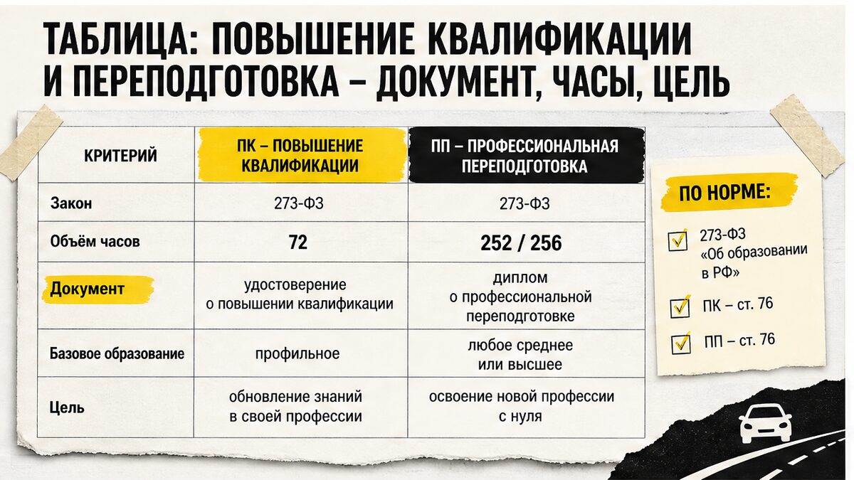 Таблица сравнения повышения квалификации и переподготовки: документ, часы и цель программы